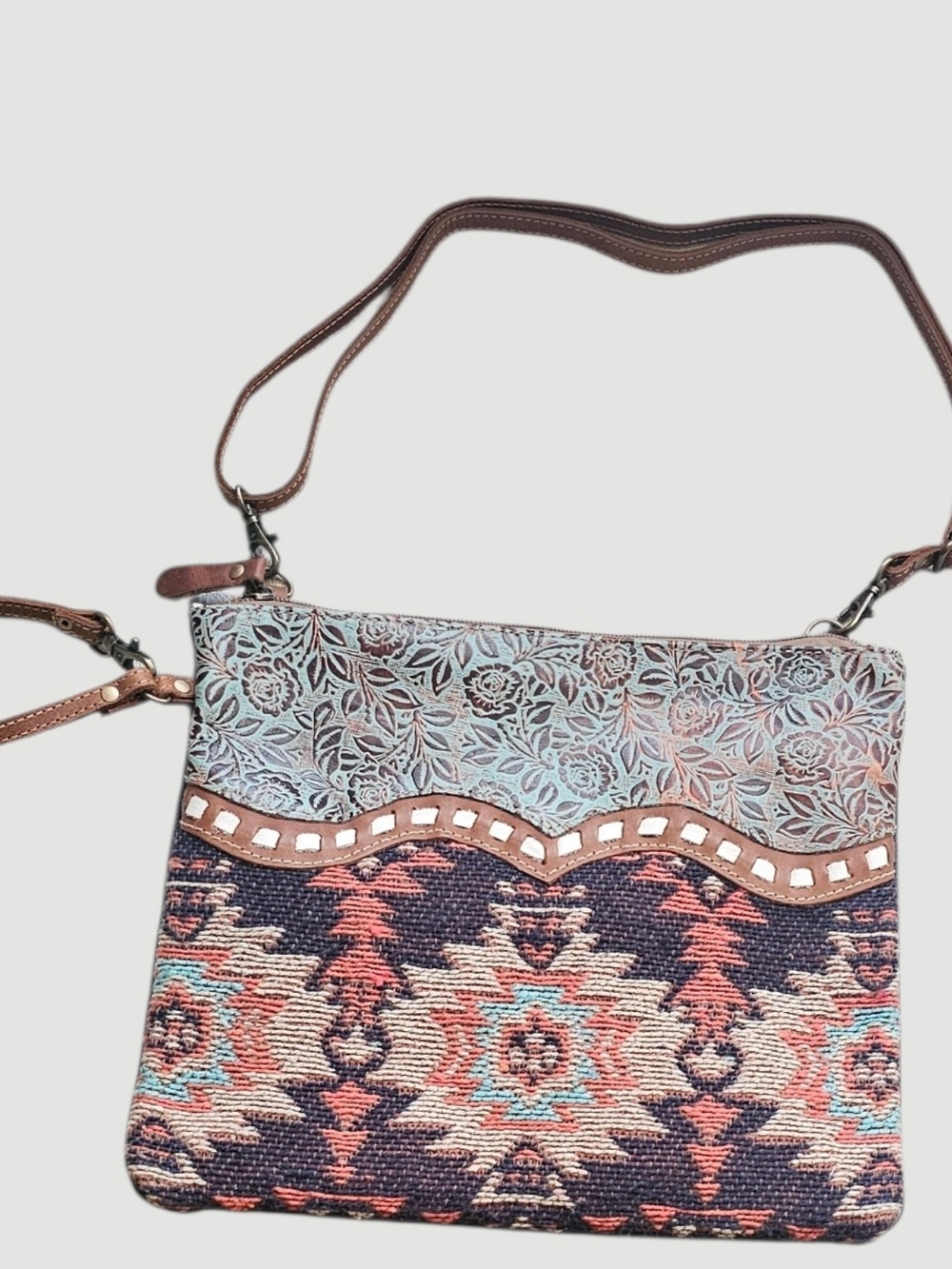 Myra Western Aztec Crossbody Shoulder BAG Leather Cotton Purse  BOHO Tribal